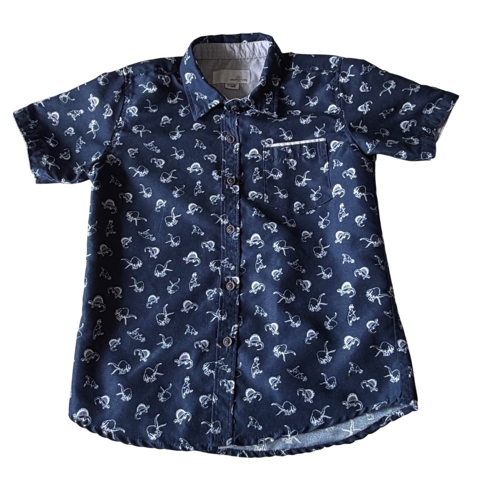 Craft + Flow Boys Navy Blue Dinosaur Skeleton Print Button Down Shirt Size 6 L